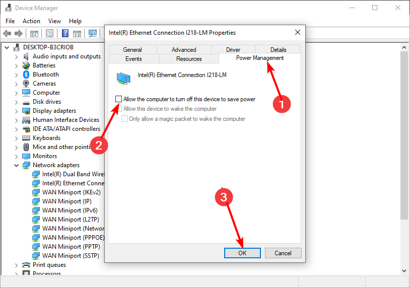 Disable power saving for network adapter