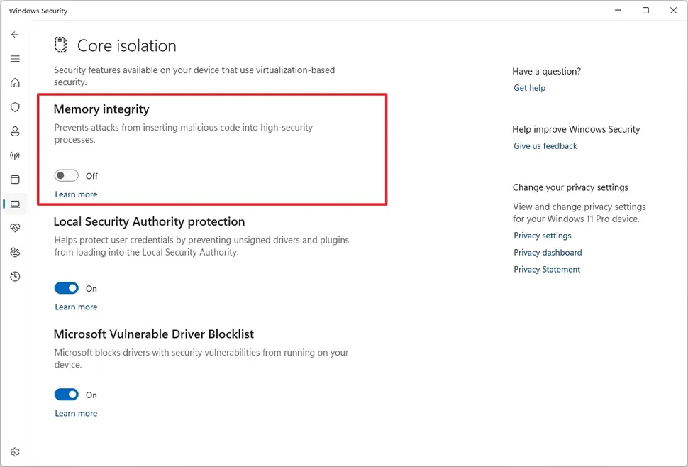 Windows Security Memory Integrity settings