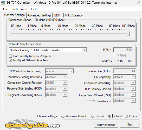 TCP Optimizer Settings